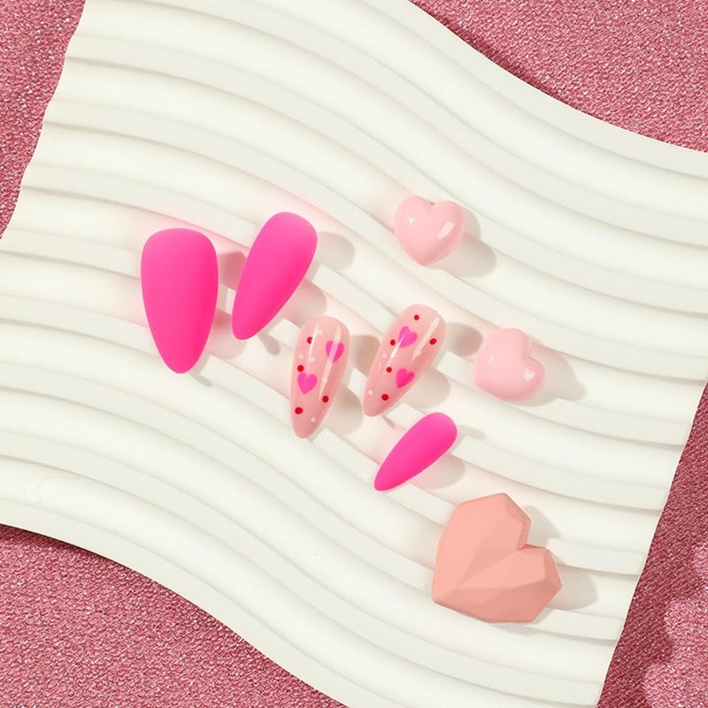 CTTHNBD Press on Nails Almond - Medium Fake Nails with Heart Design - Pink, Matte Full Cove Stick on False Nails for Women 24 Pcs - Image 3